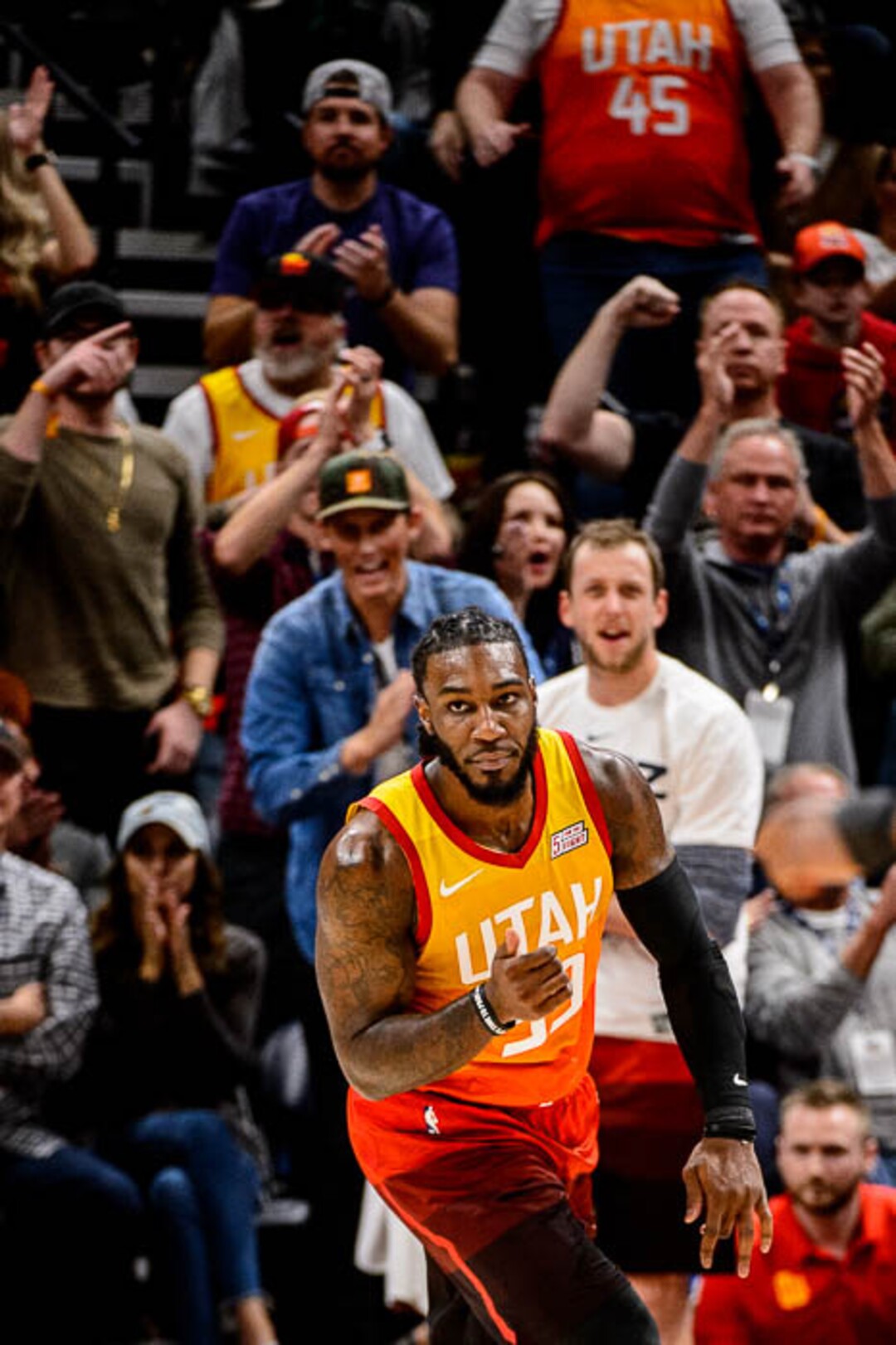 (Trent Nelson | The Salt Lake Tribune)  Utah Jazz forward Jae Crowder (99) celebrates a dunk. Utah Jazz vs. Boston Celtics, NBA basketball in Salt Lake City on Friday Nov. 9, 2018.