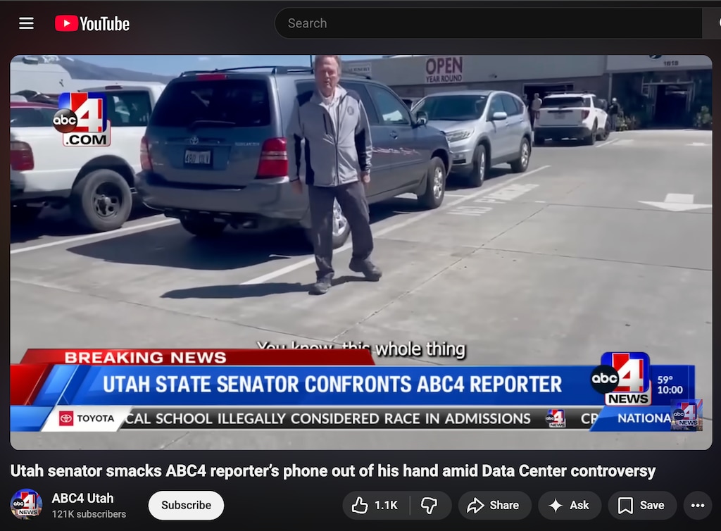 (YouTube/ABC4) A screenshot of the ABC4's story about their reporter being confronted by state Sen. Jerry Stevenson at J&J Nursery and Garden Center on May 6, 2026.