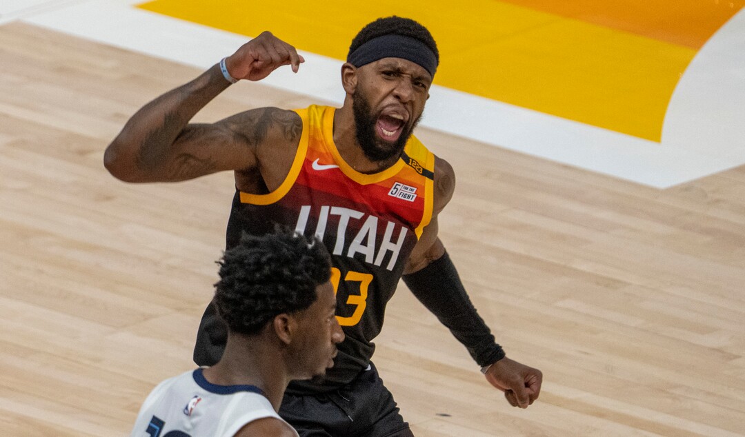 (Rick Egan | The Salt Lake Tribune) Utah Jazz forward Royce O'Neale (23) looks toward Memphis Grizzlies forward Jaren Jackson Jr. (13), as he reacts after hitting a 3-point shot, extending the Jazz lead in the last minute of play, as the Jazz defeated the Memphis Grizzlies 141-129, in game 2 of the NBA Playoffs at Vivint Arena, on Wednesday, May 26, 2021.