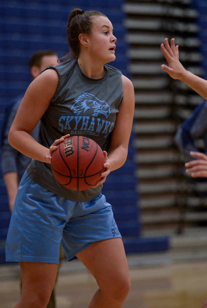 (Leah Hogsten  |  The Salt Lake Tribune)  Basketball player Lauren Gustin is averaging  double points and double rebounds during games at center for the Salem Hills girls' basketball team. Gustin has committed to play for University of Idaho next fall. 
