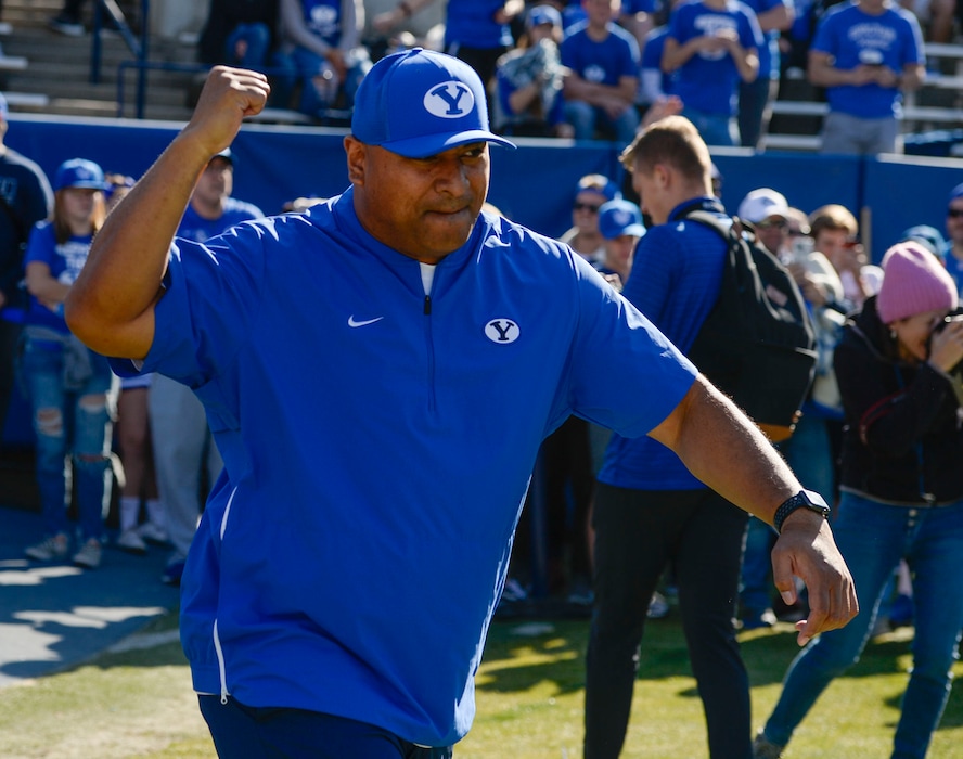 (Leah Hogsten  |  The Salt Lake Tribune) Brigham Young Cougars head coach Kalani Sitake takes the field as Brigham Young University takes on Idaho State, Saturday, Nov. 16, 2019 at LaVell Edwards Stadium. 