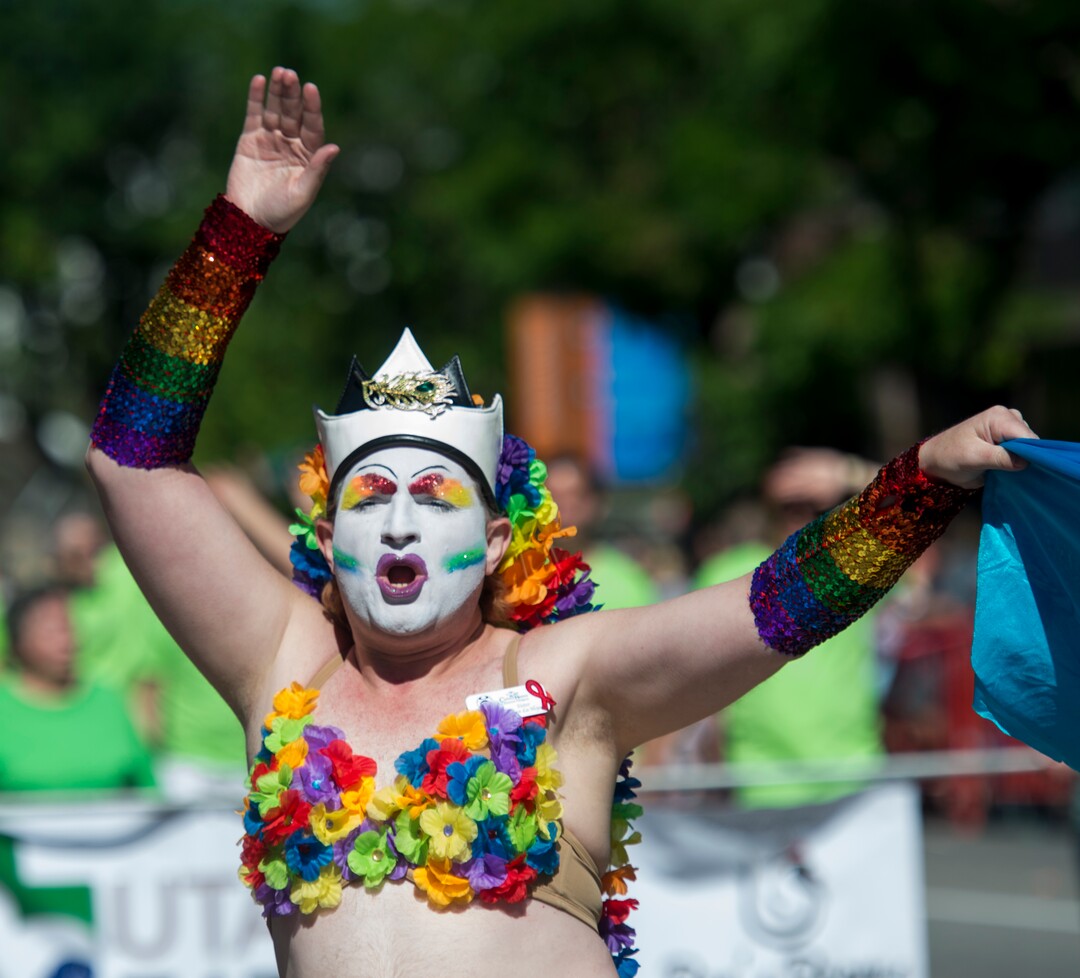 (Rick Egan  |  The Salt Lake Tribune)   Sister Flora, dances with the Zion Curtain Sisters, in the Utah Pride Parade, in Salt Lake City, Sunday, June 3, 2018.