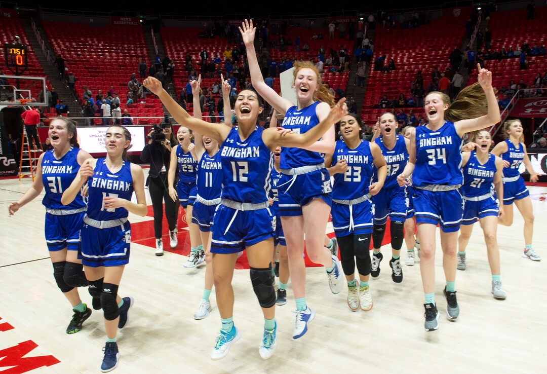 (Rick Egan  |  The Salt Lake Tribune)   The Bingham Miners celebrate their 59-51 win over the Fremont Silverwolves, in the 6A championship game, at the Jon M. Huntsman Center, Saturday Feb. 29, 2020Huntsman Center, Saturday Feb. 29, 2020