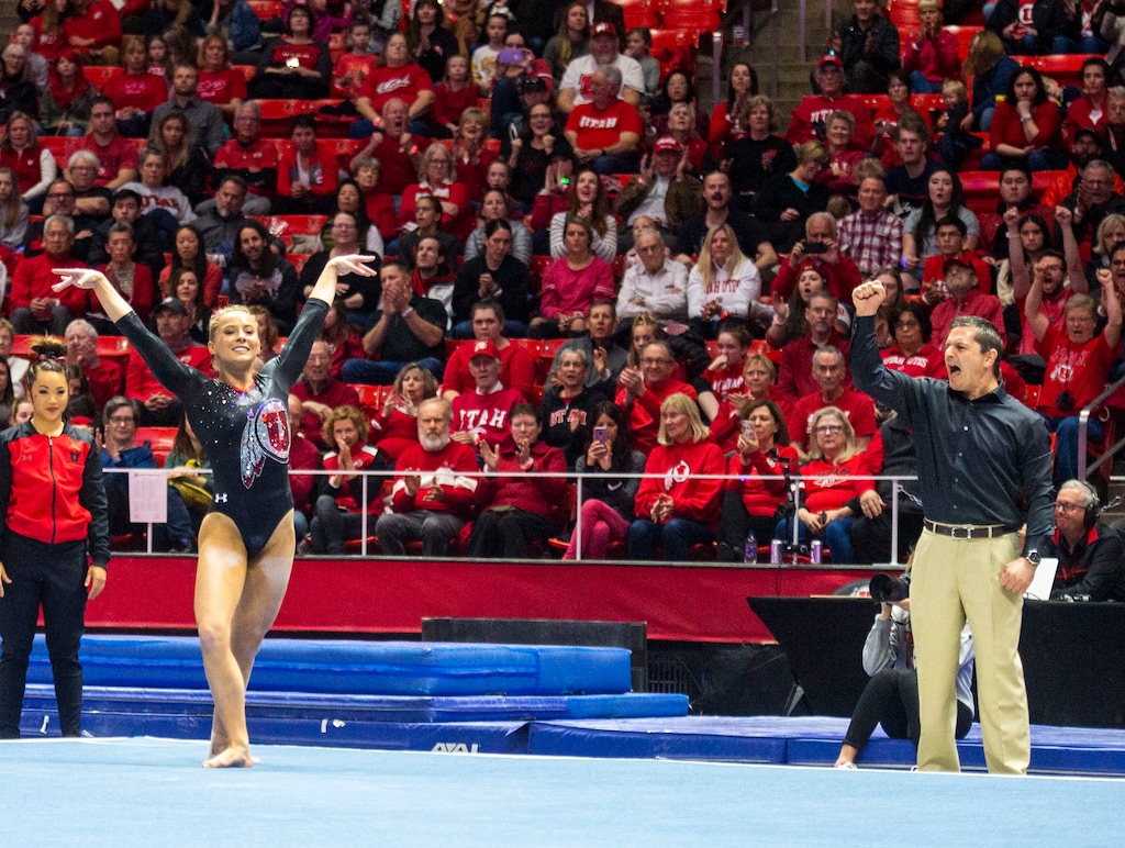 (Rick Egan  |  The Salt Lake Tribune)   Utah assistant coach Robert Ladanyi, celebrates MyKayla Skinner's landing on the floor, in Gymnastics action at the Jon M. Huntsman Center, Saturday, March 2, 2019.