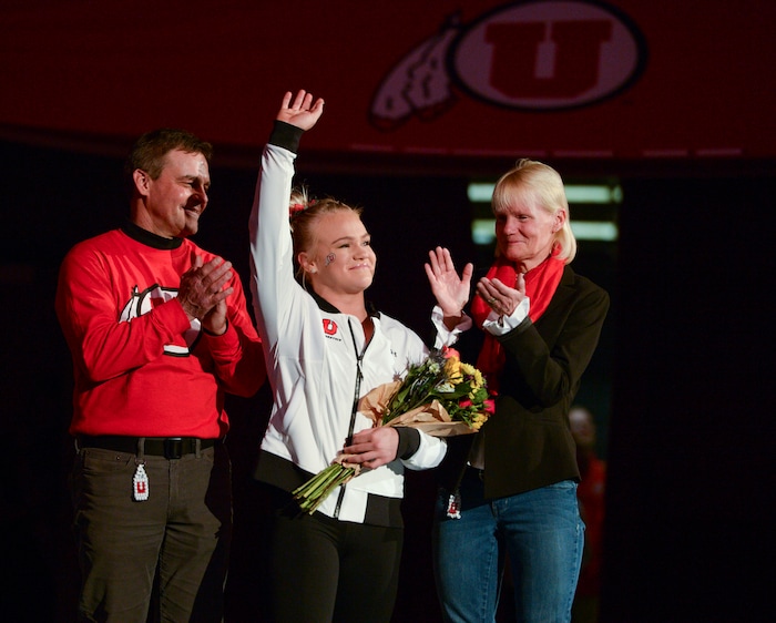 (Leah Hogsten  |  The Salt Lake Tribune) Senior Erika Muhaw and her parents thank the fans as the No. 4 Utah gymnasts host No. 20 Georgia in the final regular season meet at Jon M Huntsman Center in Salt Lake City Friday, March 16, 2018. 