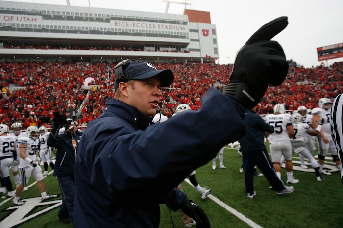 (Chris Detrick  |  Tribune file photo)  BYU coach Bronco Mendenhall yells at his players before the game starts as the Utes face BYU at Rice-Eccles Stadium Saturday, November 27, 2010.