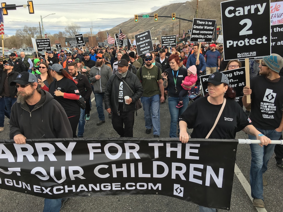 (Scott Sommerdorf | The Salt Lake Tribune) The pro-gun March Before Our lives marchers rally at West High School, Saturday, March 24, 2018.