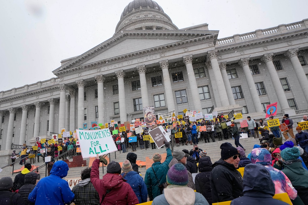 (Francisco Kjolseth  | The Salt Lake Tribune) People gather on the steps of the Utah Capitol during a rally, organized by Southern Utah Wilderness Alliance, in support of protecting public lands on Saturday, Jan. 11, 2025.  
