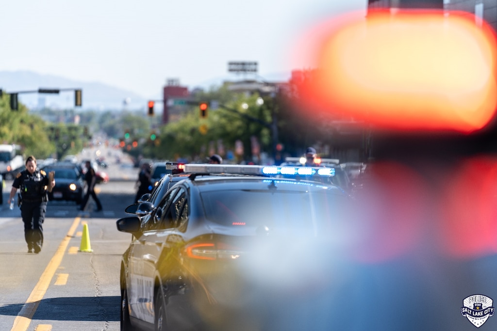 (SLCPD) Salt Lake City Police Department officers respond to a shooting near the Salt Palace Convention Center on Saturday, Sept. 3, 2022. The man who was shot later died at a nearby hospital.