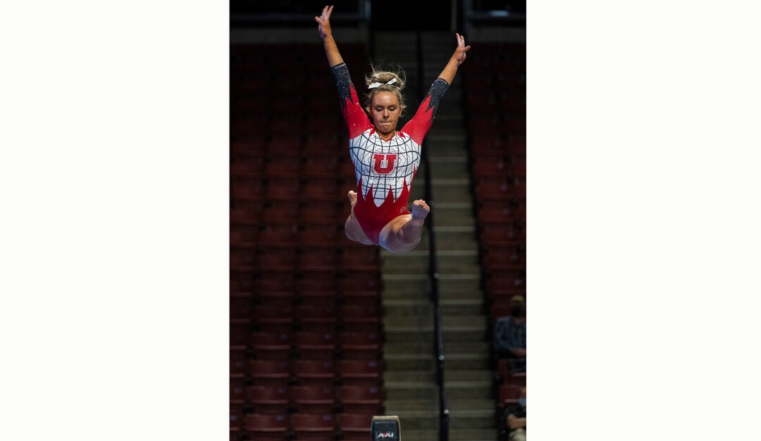 (Rick Egan | The Salt Lake Tribune) Maile O'Keefe competes on the bean for Utah in the PAC-12 Gymnastics Championship tournament at the Maverik Center, on Saturday, March 20, 2021.