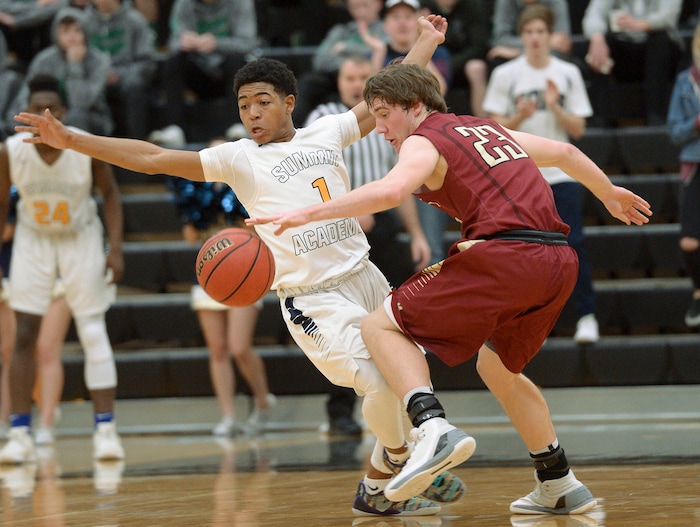 (Leah Hogsten  |  The Salt Lake Tribune) Summit's Isaiah Green draws the foul on Juab's Max Gurney. Juab High School boys' basketball team defeated Summit Academy 61-58 during their 3A State tournament game in Heber  Saturday, Feb. 16, 2018.