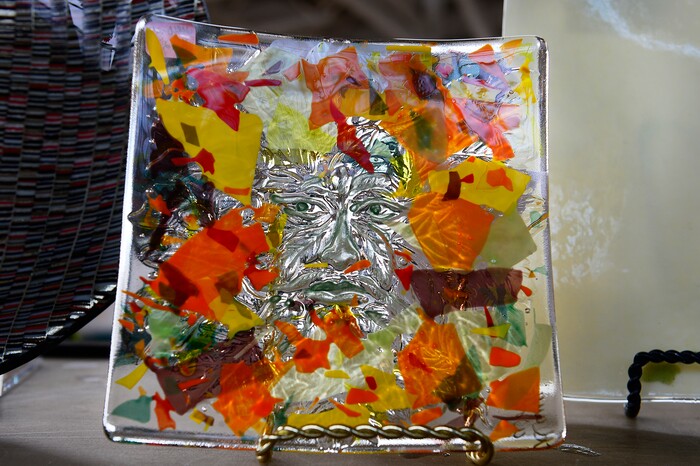 (Scott Sommerdorf   |  The Salt Lake Tribune)   "Fall Green Man Dish" by Dana Worley at the Glass Art Guild of Utah show at Red Butte Garden, Sunday, November 19, 2017. 