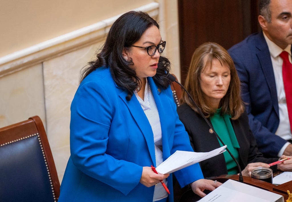 (Rick Egan | The Salt Lake Tribune) Senate Minority Leader Luz Escamilla, D-Salt Lake City, makes a comment on the Senate floor on Thursday, Feb. 15, 2024.