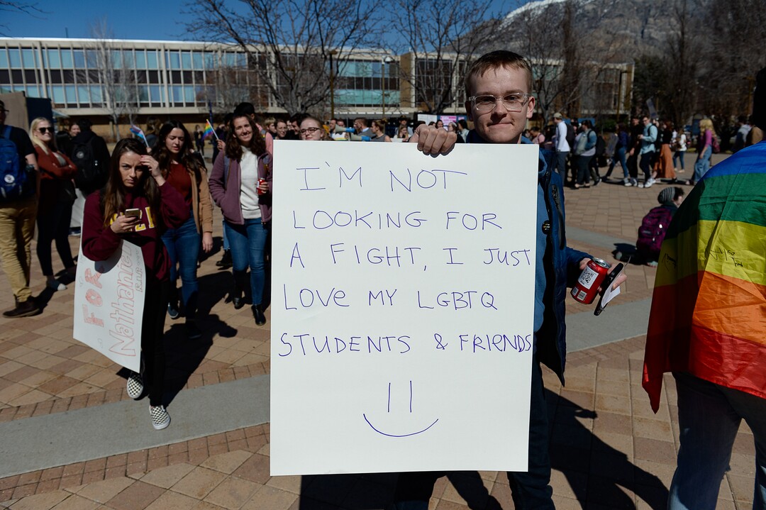 (Francisco Kjolseth  |  The Salt Lake Tribune) Ty Bingham joins the student protest outside the student center at Brigham Young University in Provo, Wednesday, March 4, 2020, after an official with The Church of Jesus Christ of Latter-day Saints issued a clarification to the school's Honor Code, which said that same-sex romantic behavior is still "not compatible" with the rules at BYU.