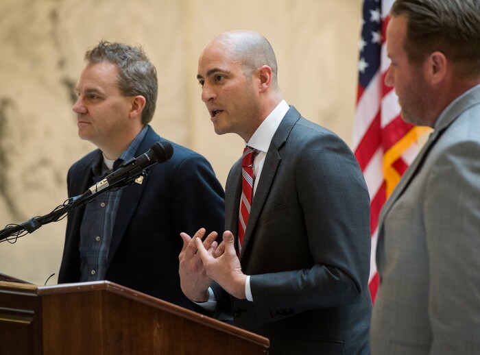 (Rick Egan  |  The Salt Lake Tribune)  Sen. Dan Hemmert talks about Mitt Romney running for Senate, at a media conference, at the Utah State Capitol, Monday, November 13, 2017.




