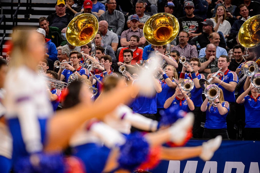 (Trent Nelson | The Salt Lake Tribune)  The Kansas band performs as Kansas faces Northeastern in the 2019 NCAA Tournament in Salt Lake City on Thursday March 21, 2019.