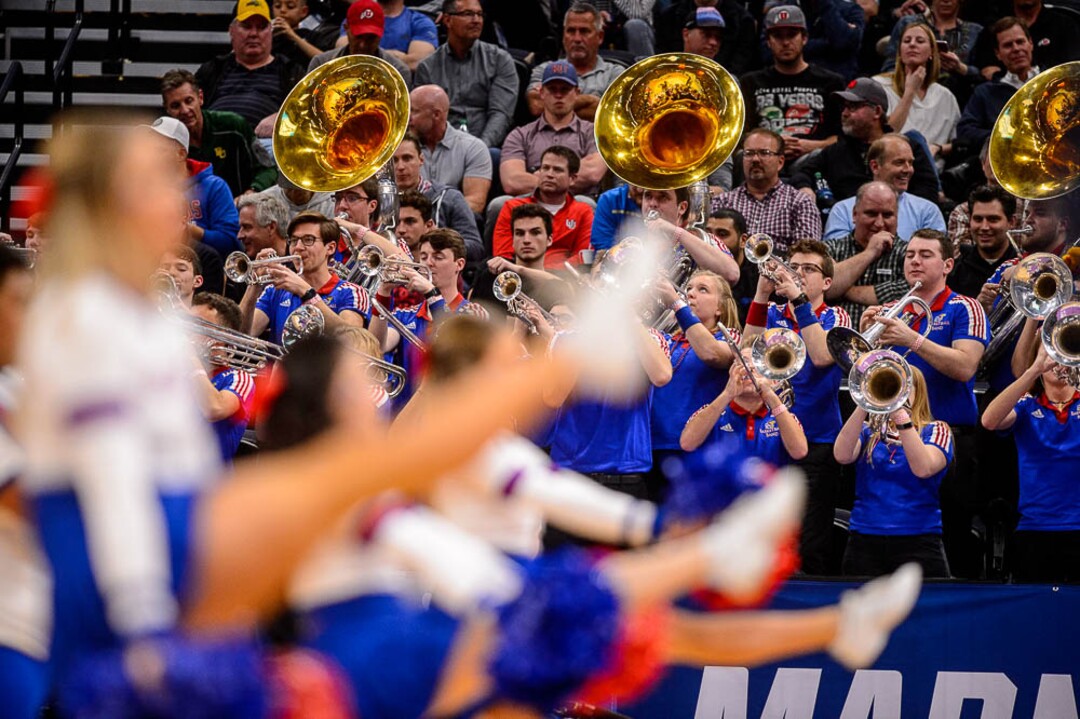 (Trent Nelson | The Salt Lake Tribune)  The Kansas band performs as Kansas faces Northeastern in the 2019 NCAA Tournament in Salt Lake City on Thursday March 21, 2019.
