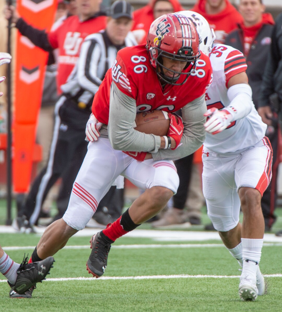 (Rick Egan  |  The Salt Lake Tribune) Wide Receiver Devaught Vele runs the ball, in Utah's spring Red-White game at Rice-Eccles Stadium, Saturday, April 13, 2019.