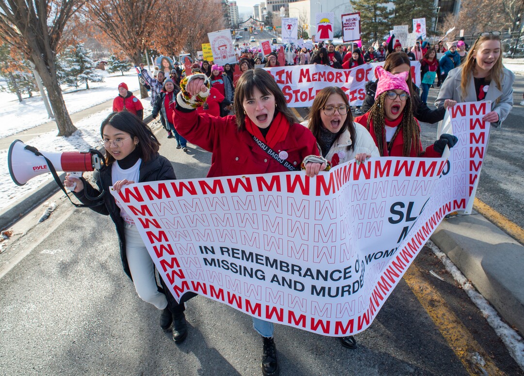 (Rick Egan  |  The Salt Lake Tribune)     Marchers make their way up State Street from Washington Square Park to the Capitol Building, in the 2020 Womxn's March in Salt Lake City, Saturday, Jan. 18, 2020.
