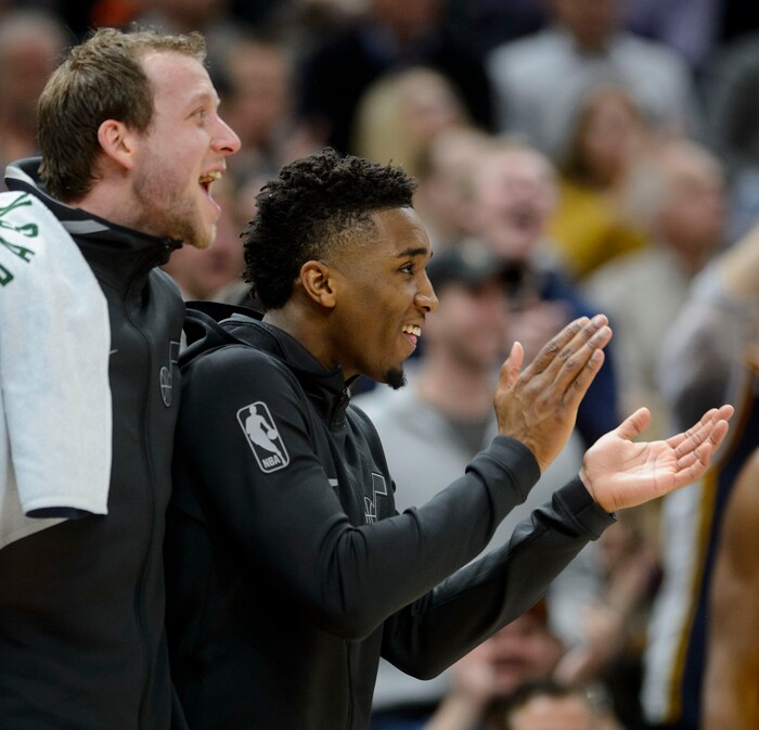 (Steve Griffin  |  The Salt Lake Tribune) Utah Jazz forward Joe Ingles (2) and Utah Jazz guard Donovan Mitchell (45) cheer on their teammates during the Utah Jazz versus Denver Nuggets NBA basketball game at Vivint Smart Home Arena  in Salt Lake City Tuesday November 28, 2017.