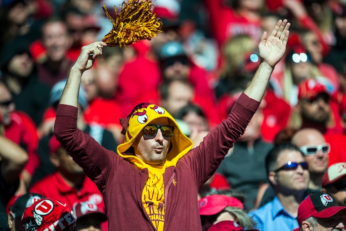 (Chris Detrick  |  The Salt Lake Tribune)  An Arizona State fan cheers after a touchdown during the game at Rice-Eccles Stadium Saturday, October 21, 2017. 