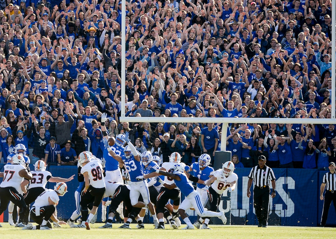 (Leah Hogsten  |  The Salt Lake Tribune) Idaho State Bengals place kicker Kevin Ryan (90) kicks a field goal to put Idaho State on the board against Brigham Young University, Saturday, Nov. 16, 2019 at LaVell Edwards Stadium.