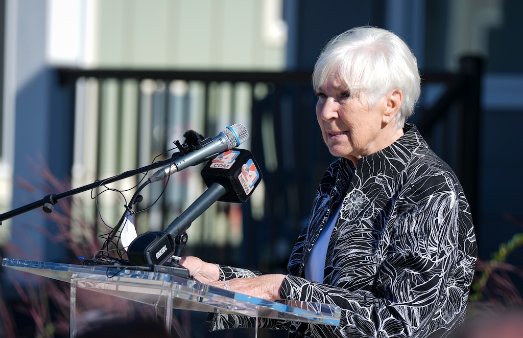 (Bethany Baker | The Salt Lake Tribune) Gail Miller, chair of the Larry H. and Gail Miller Family Foundation, speaks during an event at The Other Side Village in Salt Lake City on Tuesday, Sept. 23, 2025. She recently donated $10 million to the state's homeless shelters. 