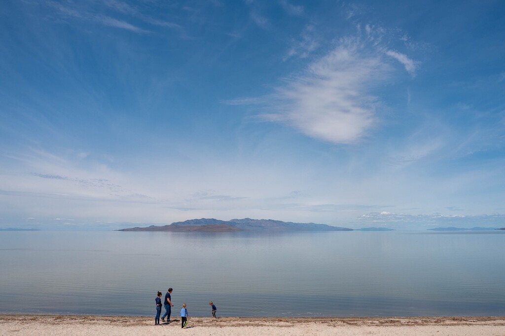 (Trent Nelson | Salt Lake Tribune file photo) A family skips rocks at Antelope Island State Park on April 25, 2020. Money from the Utah Outdoor Recreation Grant will go toward an archery range on the island, one of 99 projects spread over 23 counties.