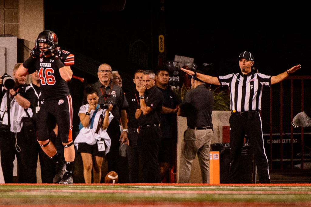 (Trent Nelson | The Salt Lake Tribune)  Utah Utes tight end Connor Haller (46) reacts to an incomplete pass in the end zone as the University of Utah hosts Washington at Rice-Eccles Stadium in Salt Lake City, Saturday Sept. 15, 2018.