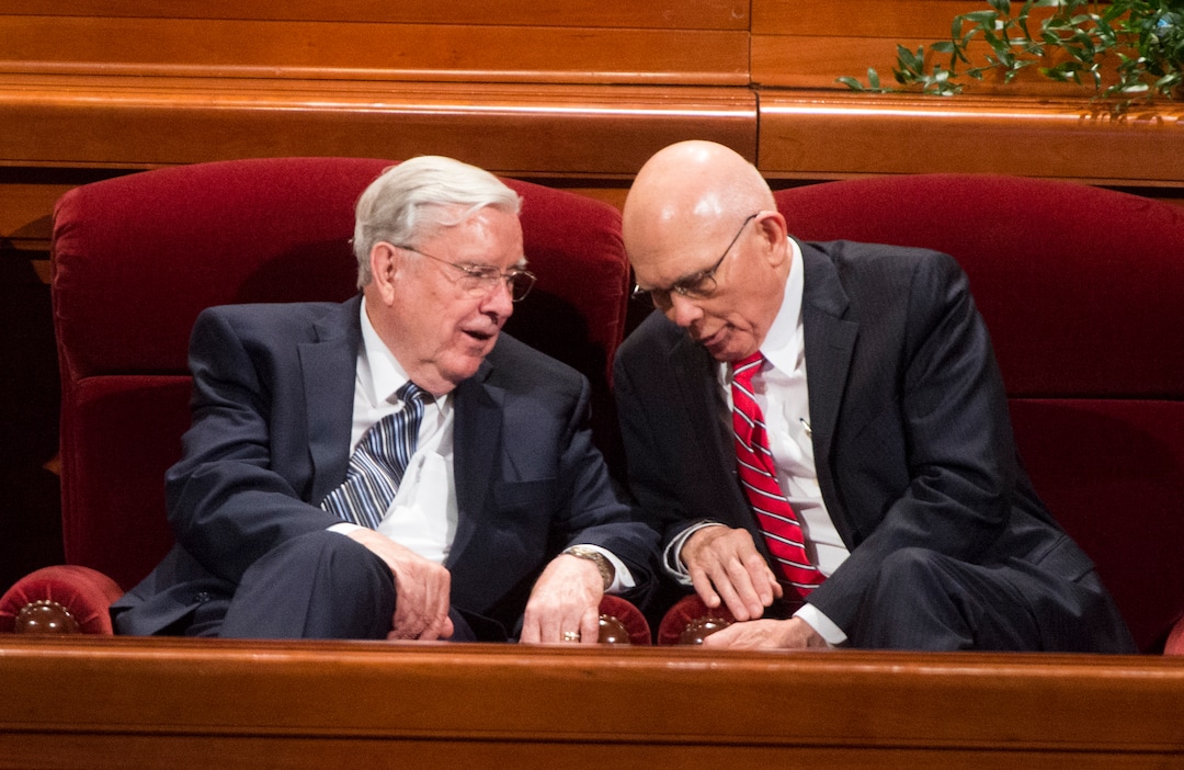 (Rick Egan | The Salt Lake Tribune) M. Russell Ballard chats with Dallin H. Oaks before a session of General Conference in 2017.