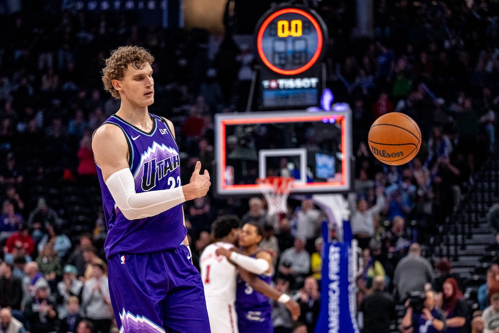 (Trent Nelson  |  The Salt Lake Tribune) Utah Jazz forward Lauri Markkanen (23) tosses a ball as time runs in the fourth quarter of this week's game against Houston.
