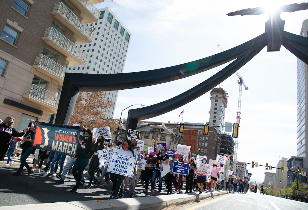 (Francisco Kjolseth  |  The Salt Lake Tribune) Demonstrators gather in Salt Lake City, uniting with Women’s March rallies happening in Washington D.C. and around the country on Saturday, Oct. 17, 2020, to signal their opposition to President Donald Trump and his agenda, including his push to fill the seat of late Supreme Court Justice Ruth Bader Ginsburg before election day.
