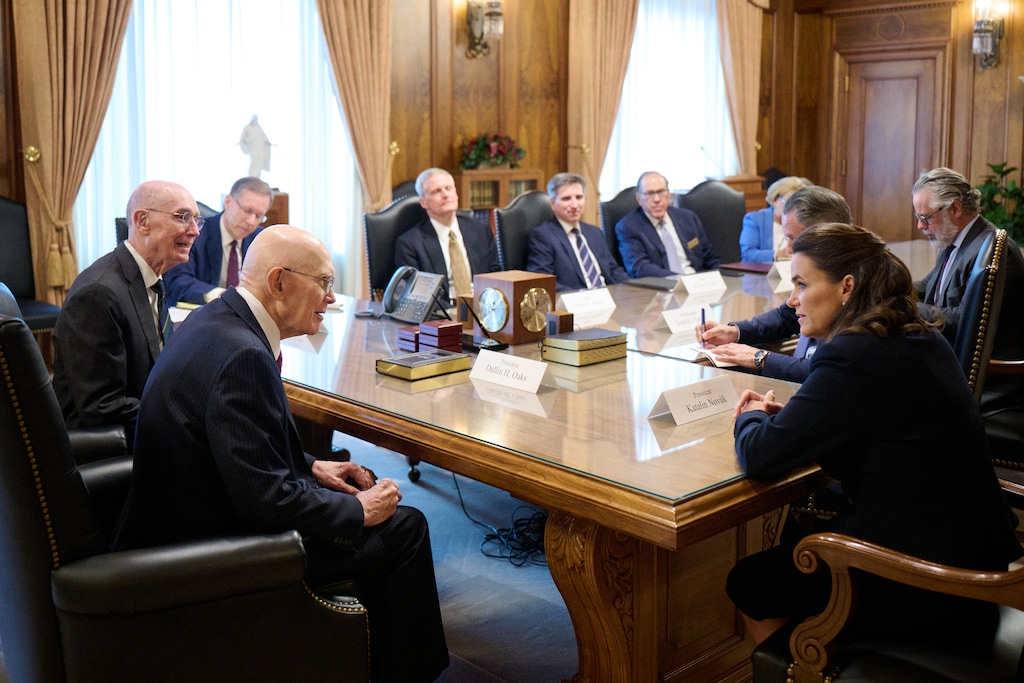 (The Church of Jesus Christ of Latter-day Saints Hungarian President Katalin Novák meets with the First Presidency, minus church President Russell M. Nelson, and other Latter-day Saint leaders at the Church Administration Building in Salt Lake City on Tuesday, Sept. 26, 2023.