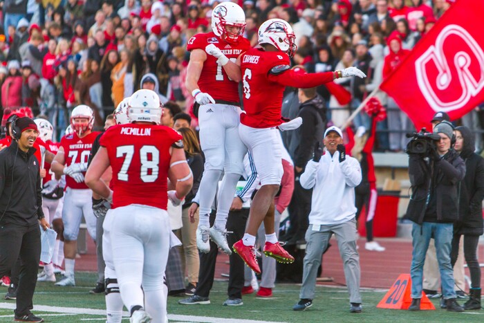 Southern Utah wide receiver Cameron Chambers (6) celebrates scoring on a two-point conversion against Northern Arizona during an NCAA college football game Saturday, Nov. 18, 2017, in Cedar City, Utah. Southern Utah defeated Northern Arizona 48-20 to claim a share of the Big Sky Conference title. (Jordan Allred/The Spectrum via AP)