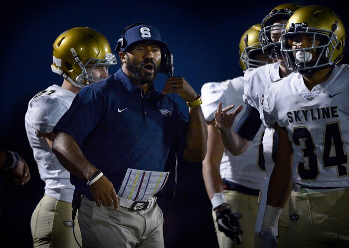 (Scott Sommerdorf   |  The Salt Lake Tribune)   
Skyline head coach Zac Erekson organizes a last shot at the end zone in the waning seconds of the first half. The running play failed, and the ensuing FG attempt was no good, but Skyline held a 14-10 lead at the half over Brighton, Friday, September 15, 2017.