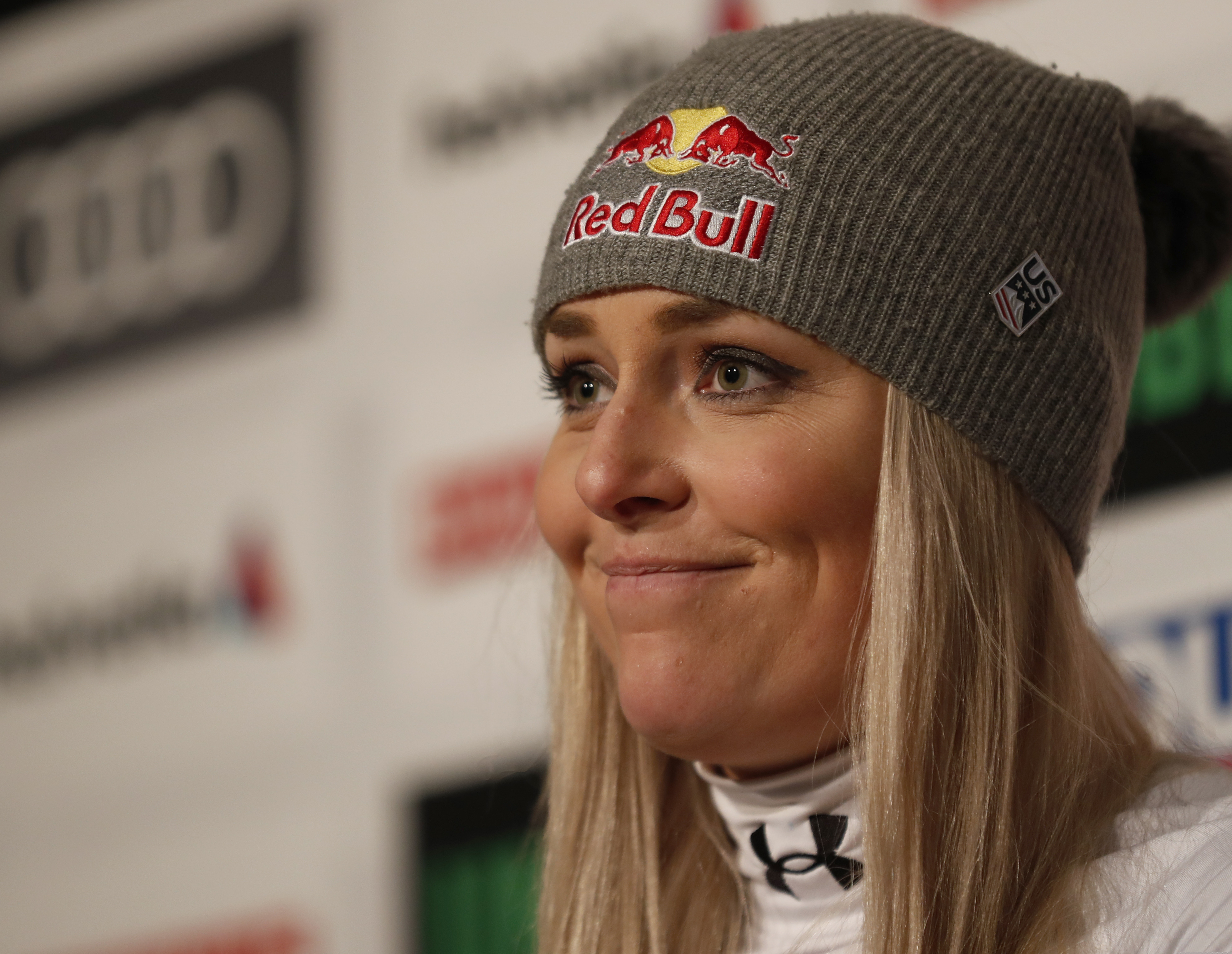 United States' Lindsey Vonn holds a press conference after taking the bronze medal in the women's downhill race, at the alpine ski World Championships in Are, Sweden, Sunday, Feb. 10, 2019. (AP Photo/Gabriele Facciotti)