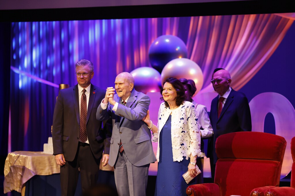 (The Church of Jesus Christ of Latter-day Saints) President Russell M. Nelson and his wife, Wendy, before his 100th birthday festivities at the Conference Center Theater on Temple Square in Salt Lake City on Sept. 9, 2024.