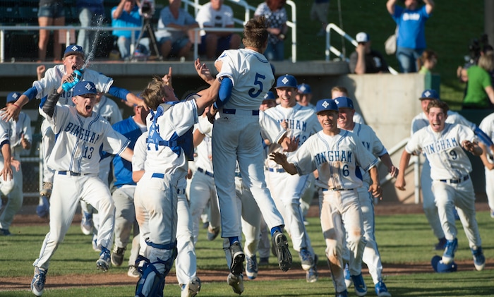 (Rick Egan  |  The Salt Lake Tribune)  The Bingham Miners storm the field to celebrate their win over Riverton, in 6A state baseball State  Championship game, at UVU in Orem, Friday, May 25, 2018.