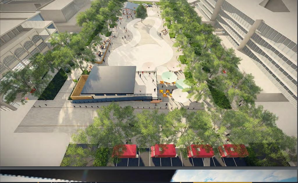 (Courtesy of Millcreek) An artist's rendering of the planned plaza featuring the ice rink and ice ribbon.