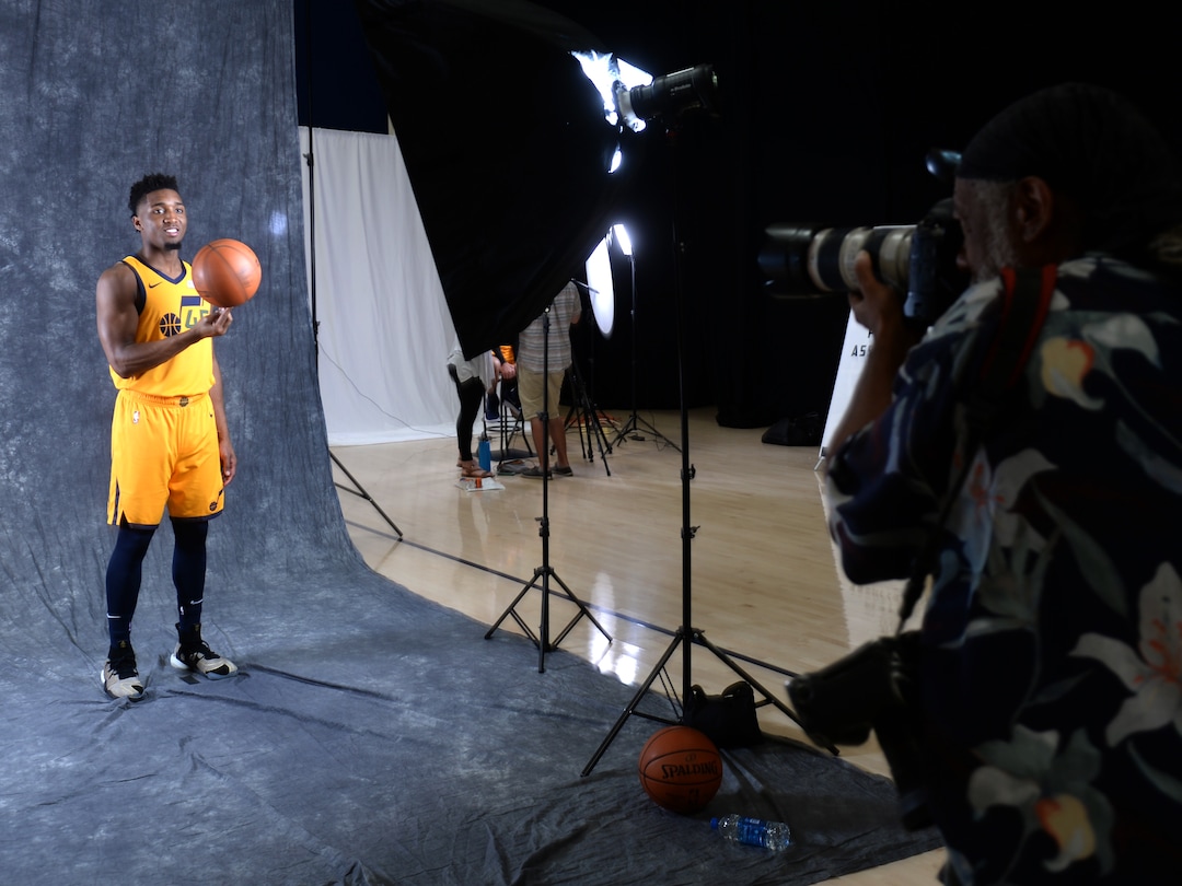 (Rick Egan  |  The Salt Lake Tribune)      Donovan Mitchell, poses for Rick Bowmer from the Associated Press, during the Utah Jazz annual Media Day photo shoot, Monday, Sept. 24, 2018.