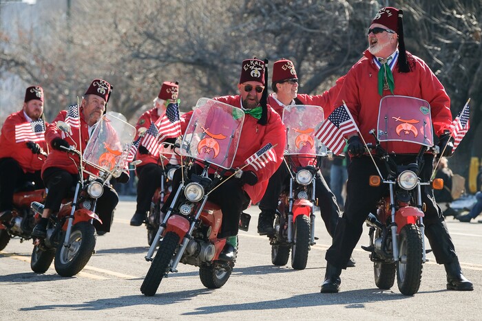 (Francisco Kjolseth | The Salt Lake Tribune) Members of the El Kalah Mini-Bike squad ride in formation while shamrocks and sunshine were aplenty as Salt Lake CityÕs Irish community celebrates their 41st annual St. PatrickÕs Day Parade with crowds lining up to take in the festivities.