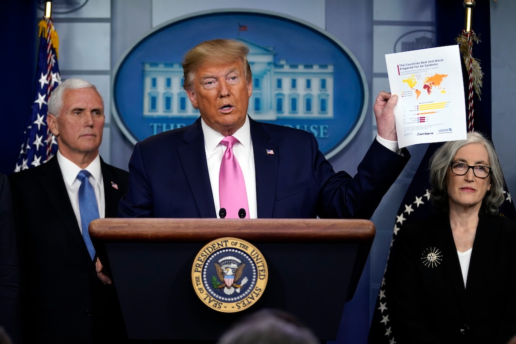 (Evan Vucci | AP) President Donald Trump, with members of the President's Coronavirus Task Force, holds a paper about countries best and least prepared to deal with a pandemic, during a news conference in the Brady Press Briefing Room of the White House, Wednesday, Feb. 26, 2020, in Washington.