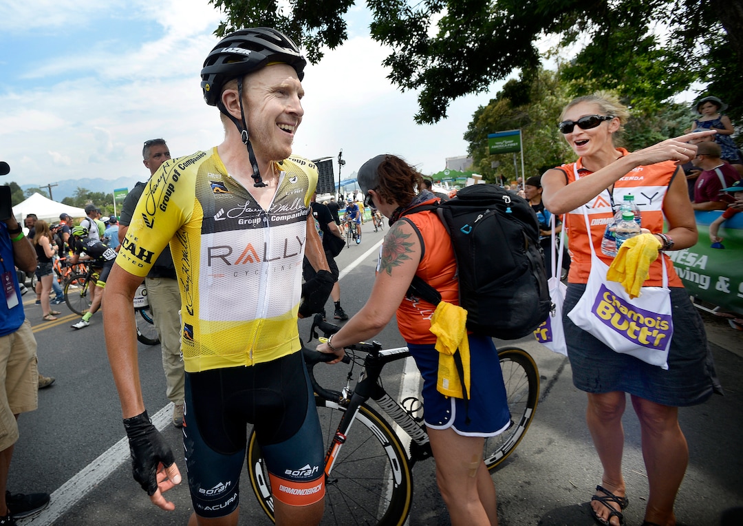 (Scott Sommerdorf   |  The Salt Lake Tribune)   Canadian Robert Britton sees his girlfriend Ricki Hagen in the crowd and rushes over to see her after winning the 2017 Tour of Utah, Sunday, August 6, 2017.  