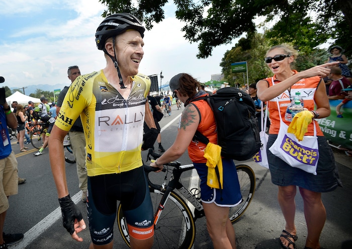 (Scott Sommerdorf   |  The Salt Lake Tribune)   Canadian Robert Britton sees his girlfriend Ricki Hagen in the crowd and rushes over to see her after winning the 2017 Tour of Utah, Sunday, August 6, 2017.  