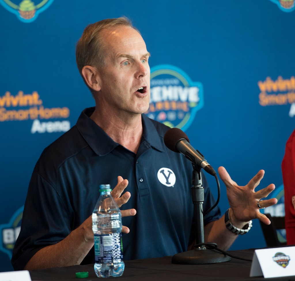 Rick Egan  |  The Salt Lake TribuneTom Holmoe, Athletic Director, Brigham Young University, talks about the new menÕs college basketball showcase featuring BYU, Utah, USU, and Weber State, at Vivint Smart Home Arena, Thursday, July 21, 2016.