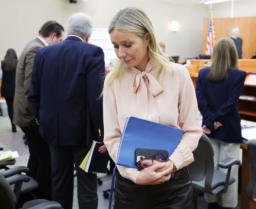 (Jeffrey D. Allred | The Deseret News via AP, Pool) Gwyneth Paltrow leaves court during the lawsuit trial of Terry Sanderson vs. Gwyneth Paltrow, Tuesday, March 28, 2023, in Park City. Paltrow is accused in a lawsuit of crashing into a skier during a 2016 family ski vacation, leaving him with brain damage and four broken ribs.