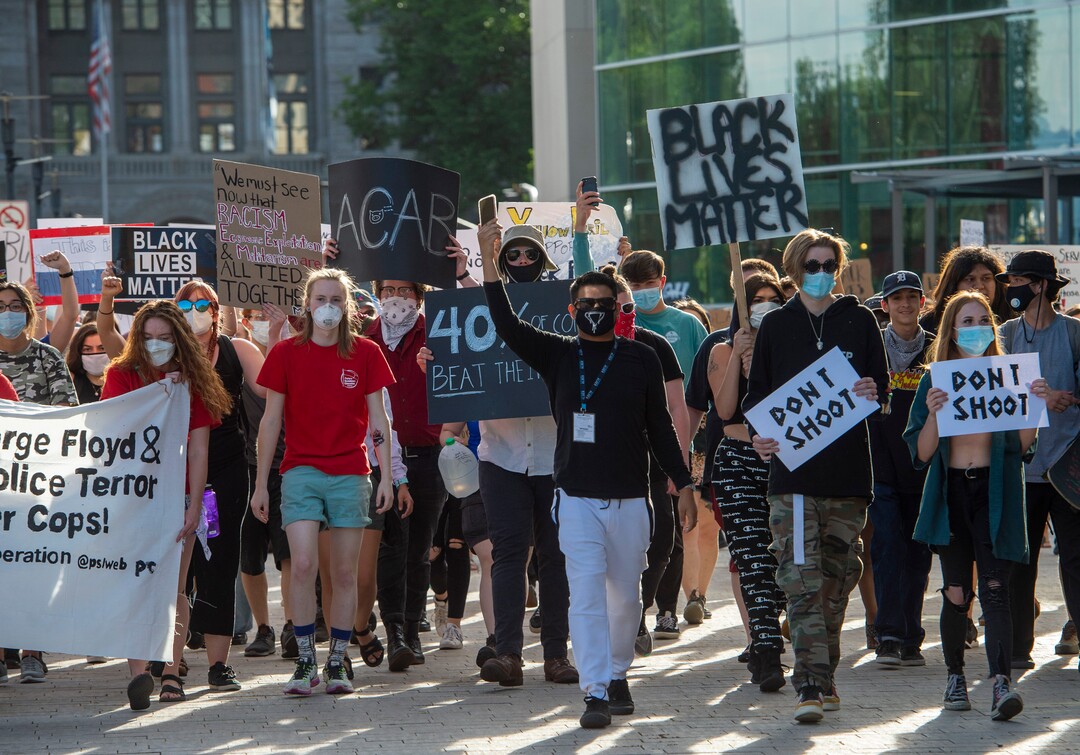 (Rick Egan  |  The Salt Lake Tribune)     Protesters march to the Public Safety Building, during a demonstration organized by the Party for Socialism and Liberation, Monday, June 1, 2020.