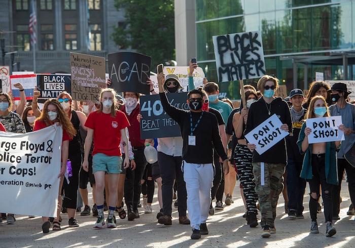 (Rick Egan  |  The Salt Lake Tribune)     Protesters march to the Public Safety Building, during a demonstration organized by the Party for Socialism and Liberation, Monday, June 1, 2020.


