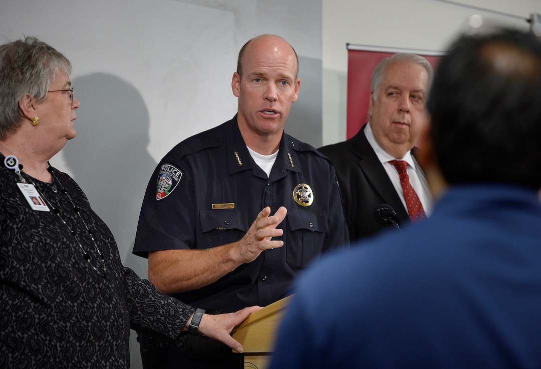 (Scott Sommerdorf   |  The Salt Lake Tribune)   Dale Brophy, University Chief of Police, and director of public safety speaks at a press conference held at the U of U Medical Center regarding policy changes resulting from the arrest of nurse Alex Wubbels, Monday, September 4, 2017. At left is Margaret Pearce, Chief of Nursing, and at right is Gordon Crabtree, CEO of University of Utah Hospital.