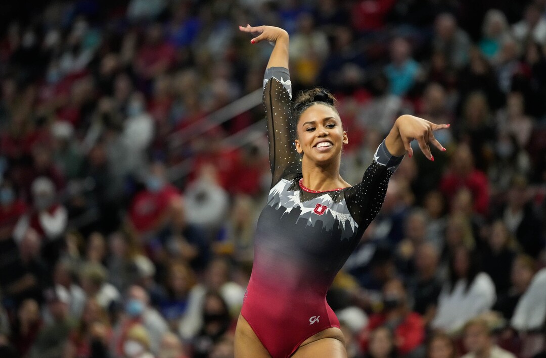 (Francisco Kjolseth | The Salt Lake Tribune) Utah’s Jaedyn Rucker performs her floor routine at the Best of Utah NCAA Gymnastics Meet at the Maverik Center in West Valley City on Friday, Jan. 7, 2022.